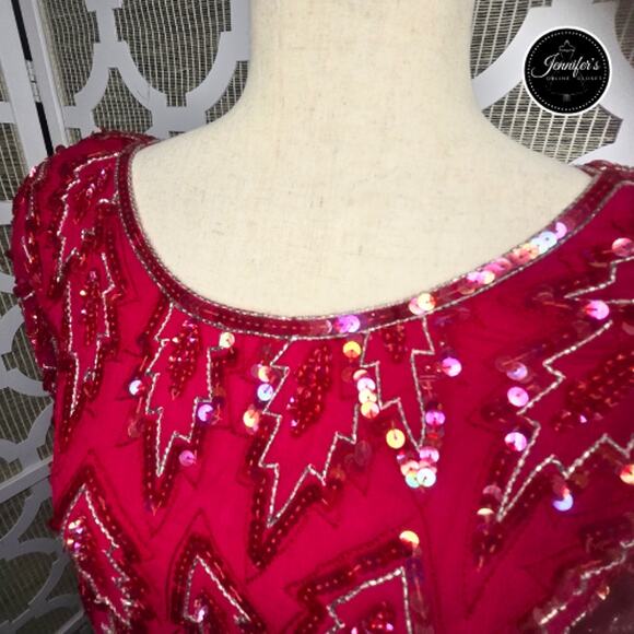 Scala Vintage 80's Red 100% Silk Sequin and Beaded Leaf Handkerchief Hem Dress - Picture 4 of 16